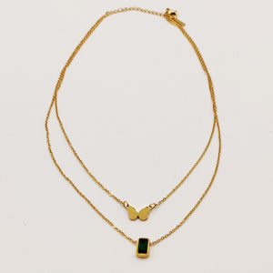 Collier Double Papillon et Cristal Vert