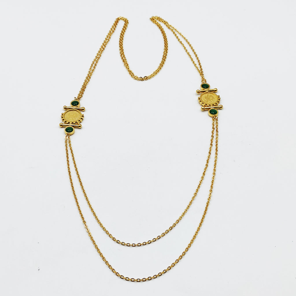 Collier / Sautoir Double Pendentifs Louise Coq Pierre Verte