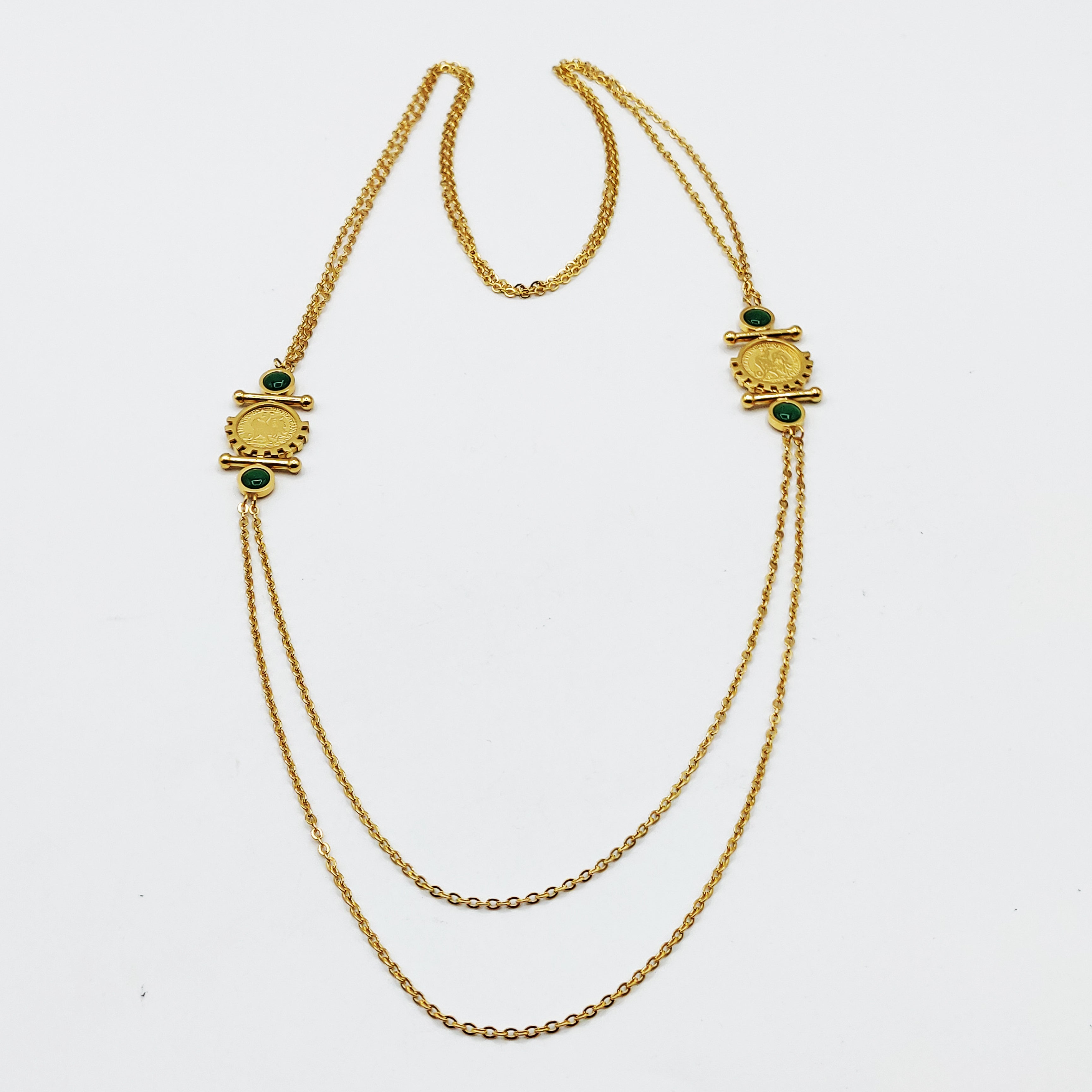 Collier / Sautoir Double Pendentifs Louise Coq Pierre Verte