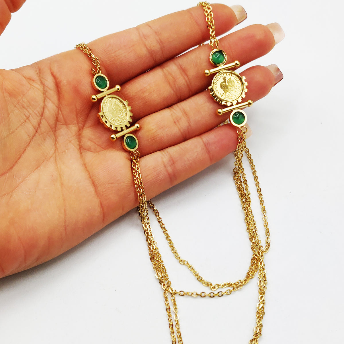 Collier / Sautoir Double Pendentifs Louise Coq Pierre Verte