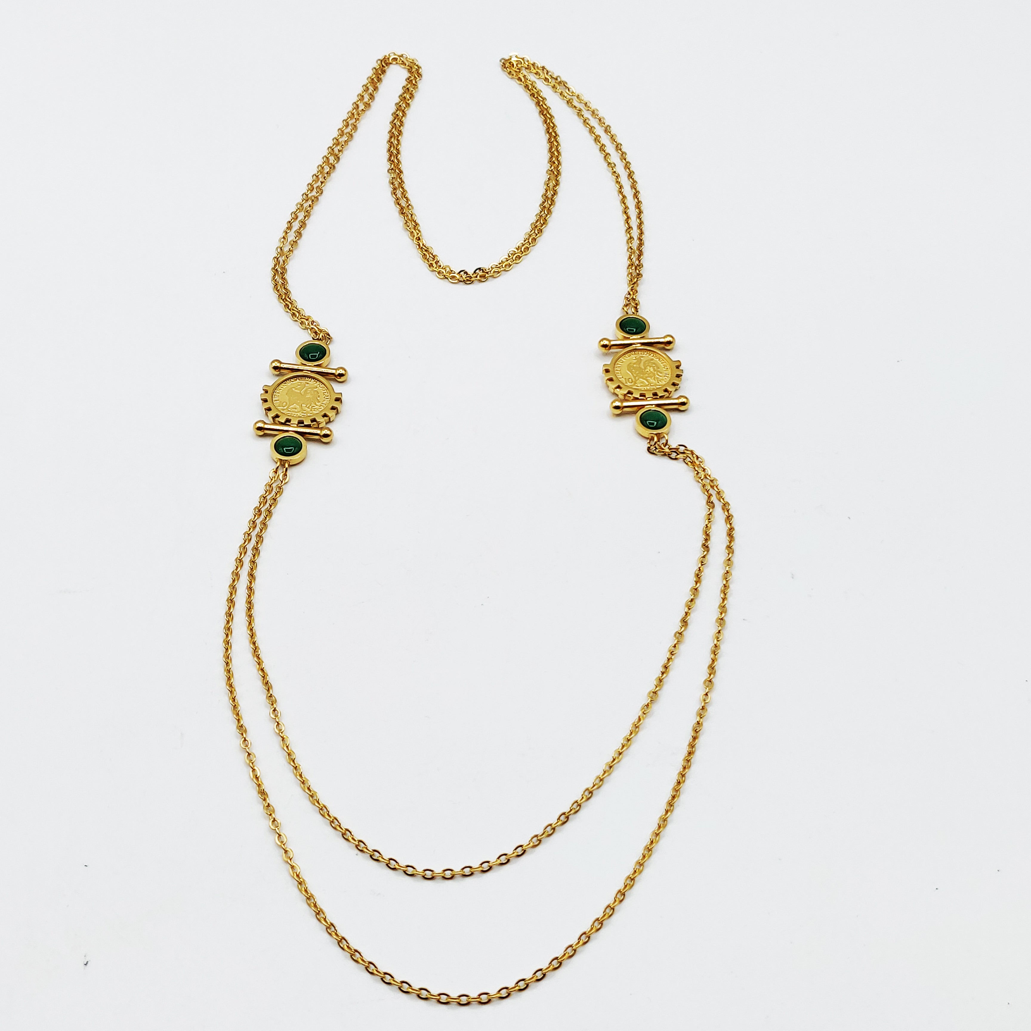 Collier / Sautoir Double Pendentifs Louise Coq Pierre Verte