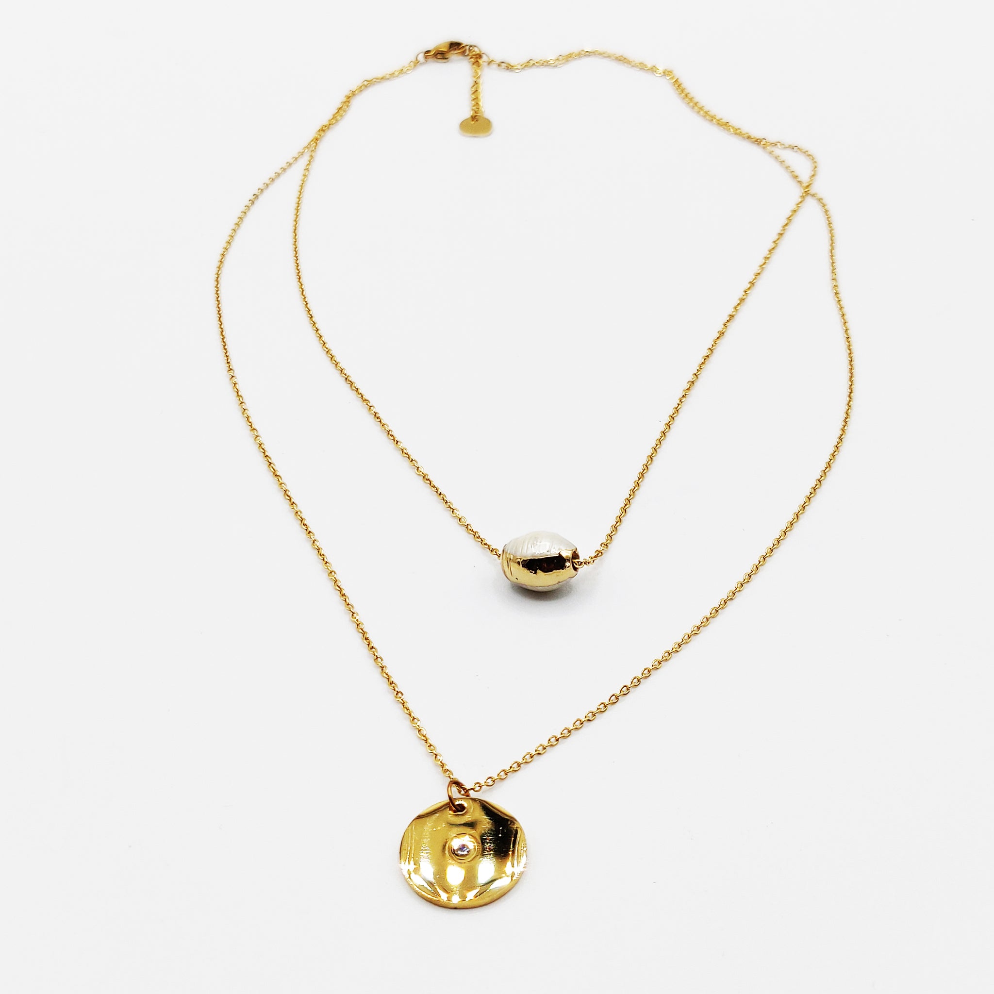 Collier Double Perle Blanche et Cercle Doré