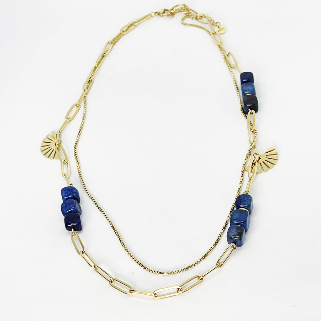 Collier Double Pierres Bleues et Soleils