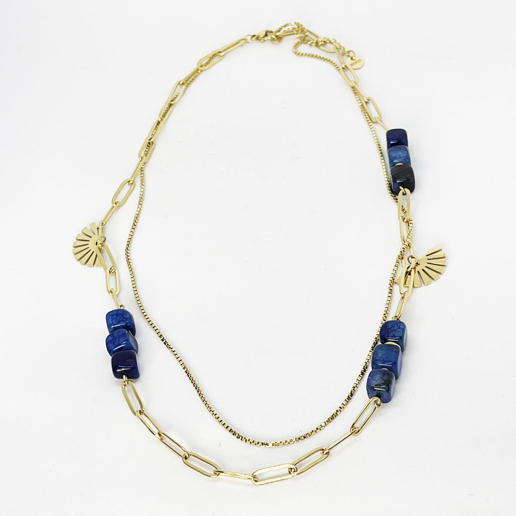 Collier Double Pierres Bleues et Soleils