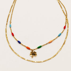 Collier Double Pierres Multicolores et Pendentif Trèfle