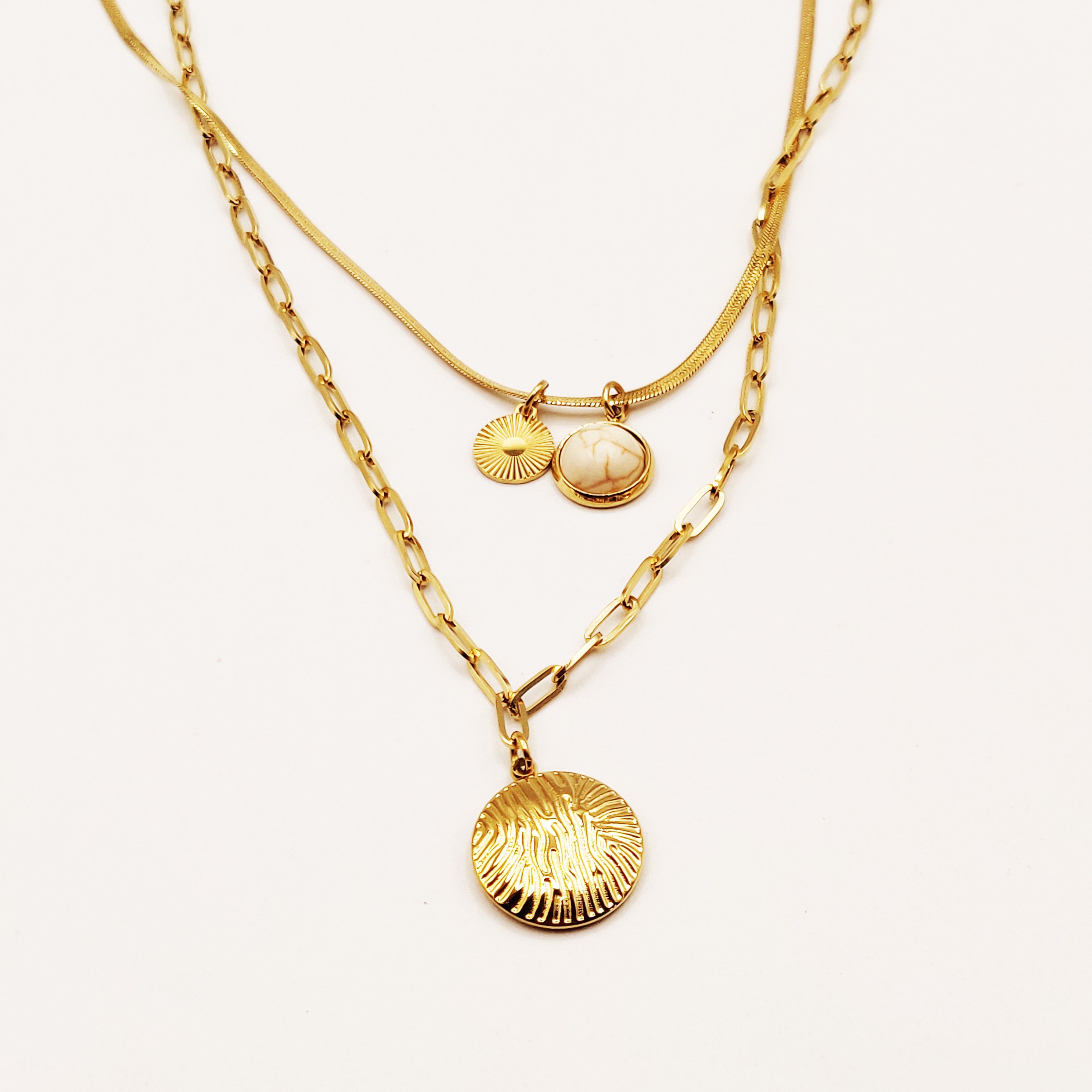 Collier Double Soleil et Perle Beige
