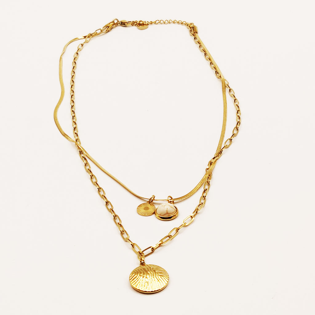 Collier Double Soleil et Perle Beige