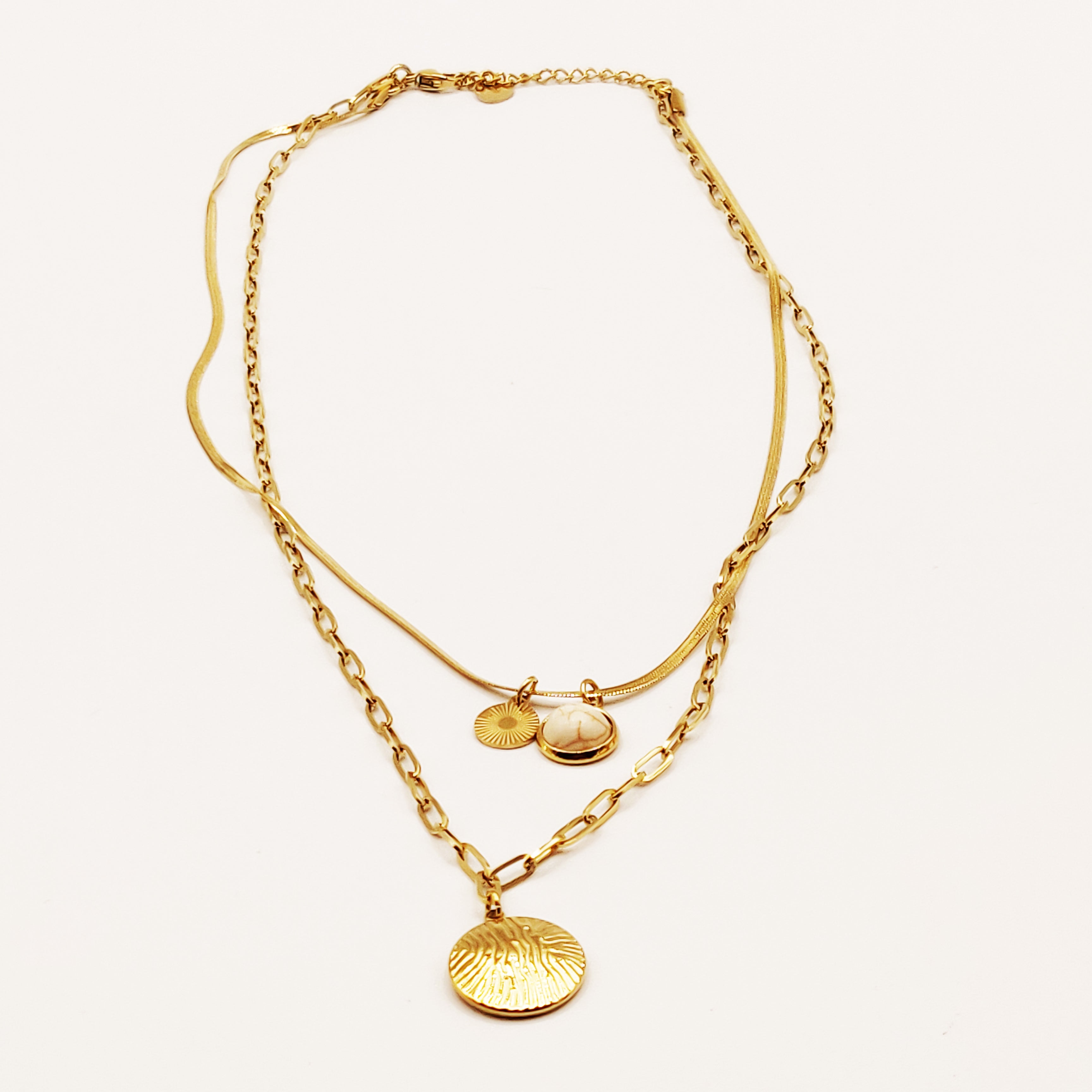 Collier Double Soleil et Perle Beige