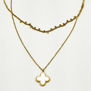 Collier Double Trèfle Blanc Nacré et Petits Cercles