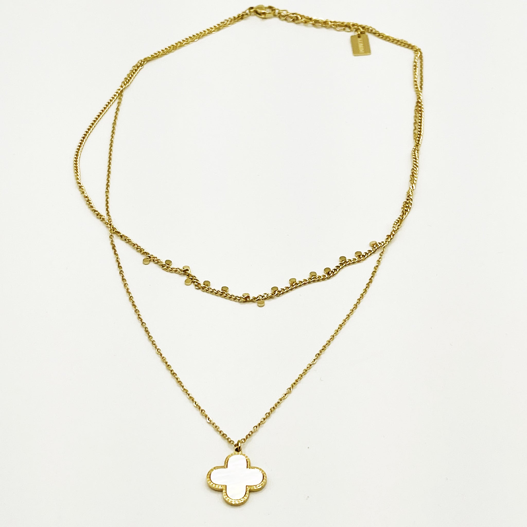 Collier Double Trèfle Blanc Nacré et Petits Cercles