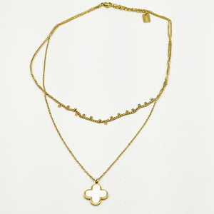 Collier Double Trèfle Blanc Nacré et Petits Cercles