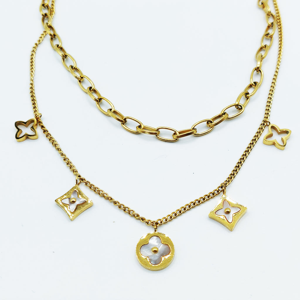 Collier Double Trèfles et Étoiles Blanc