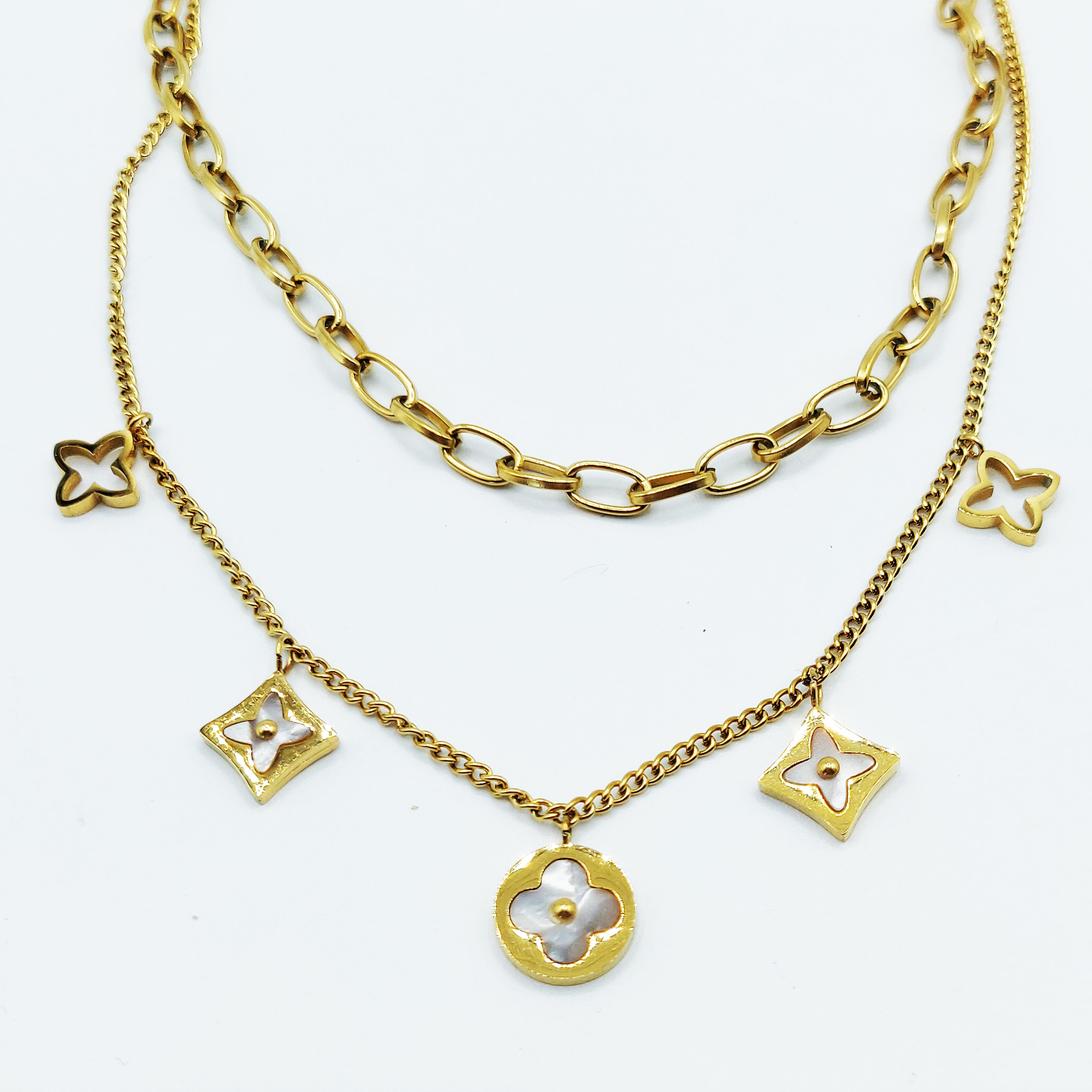 Collier Double Trèfles et Étoiles Blanc