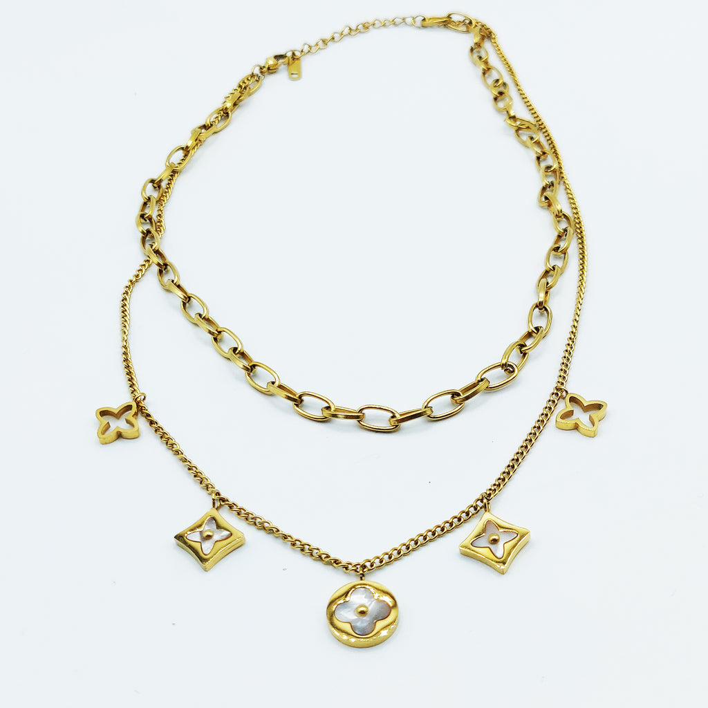 Collier Double Trèfles et Étoiles Blanc