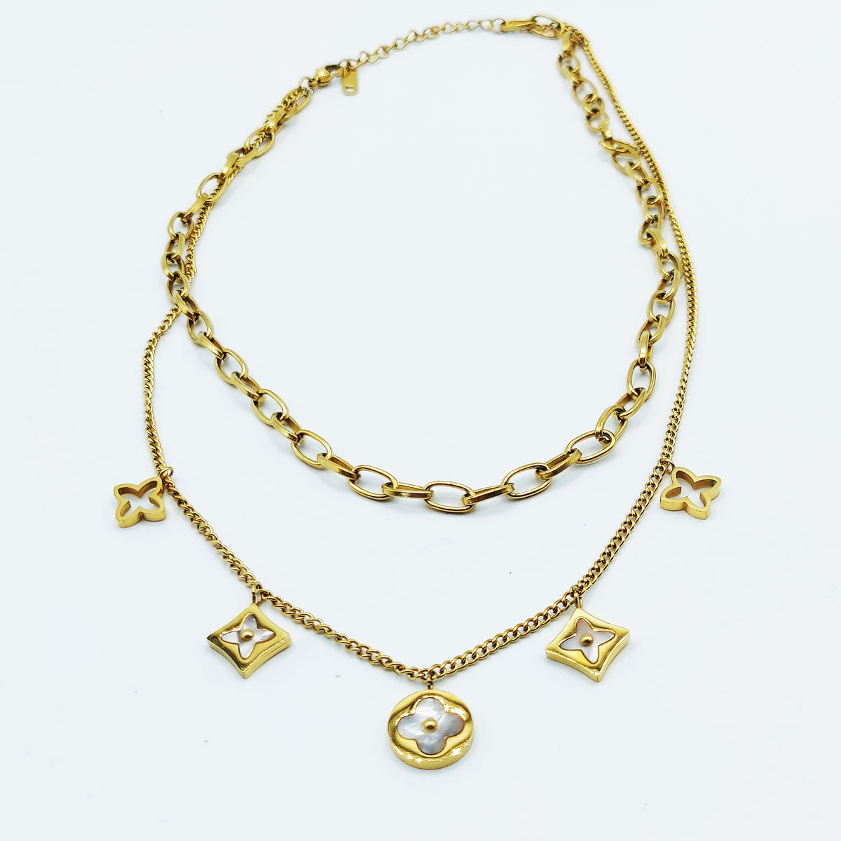 Collier Double Trèfles et Étoiles Blanc