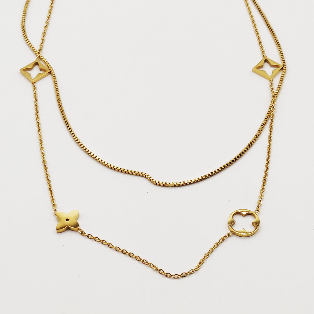 Collier Double Trèfles et Étoiles Dorés Luxe