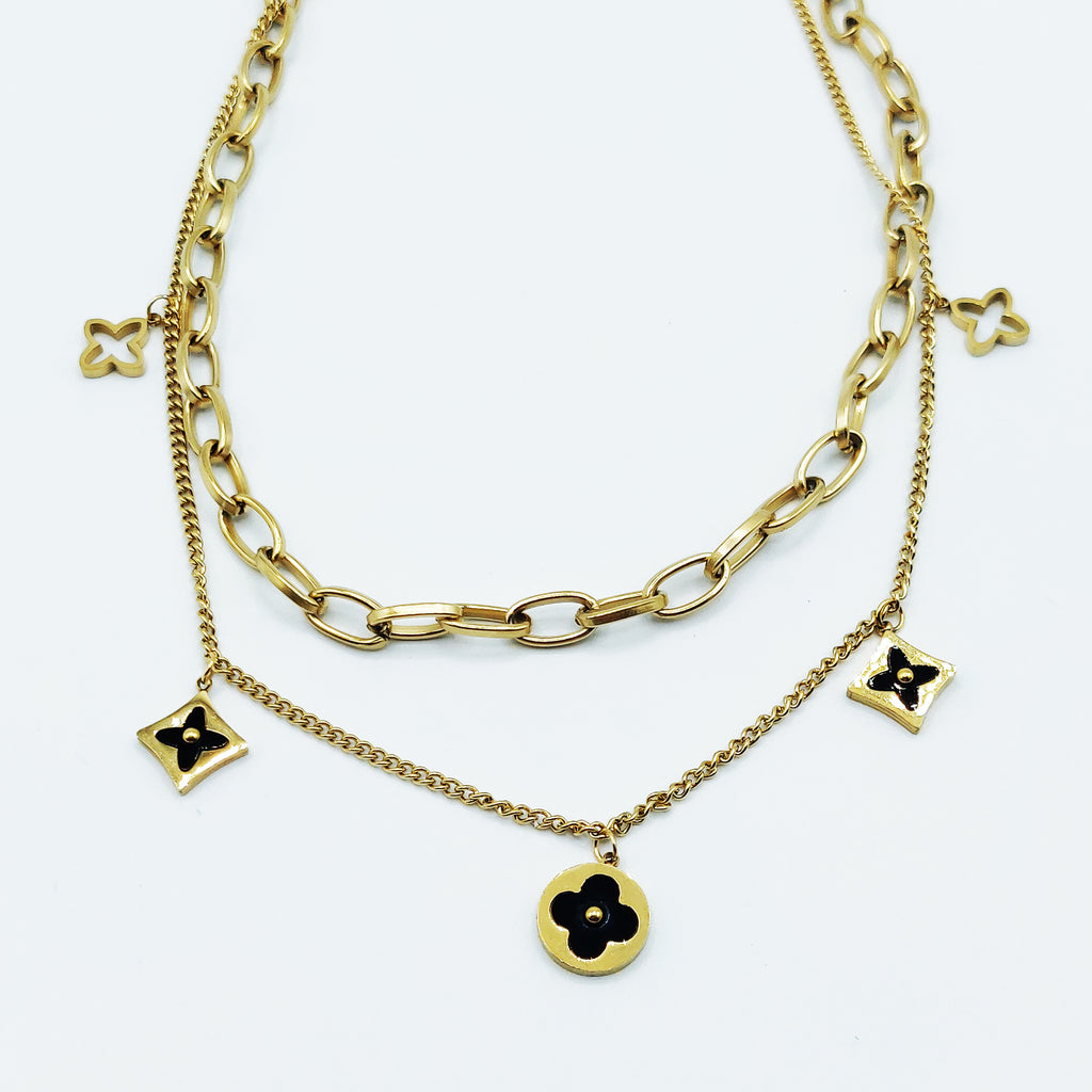 Collier Double Trèfles et Étoiles Noir