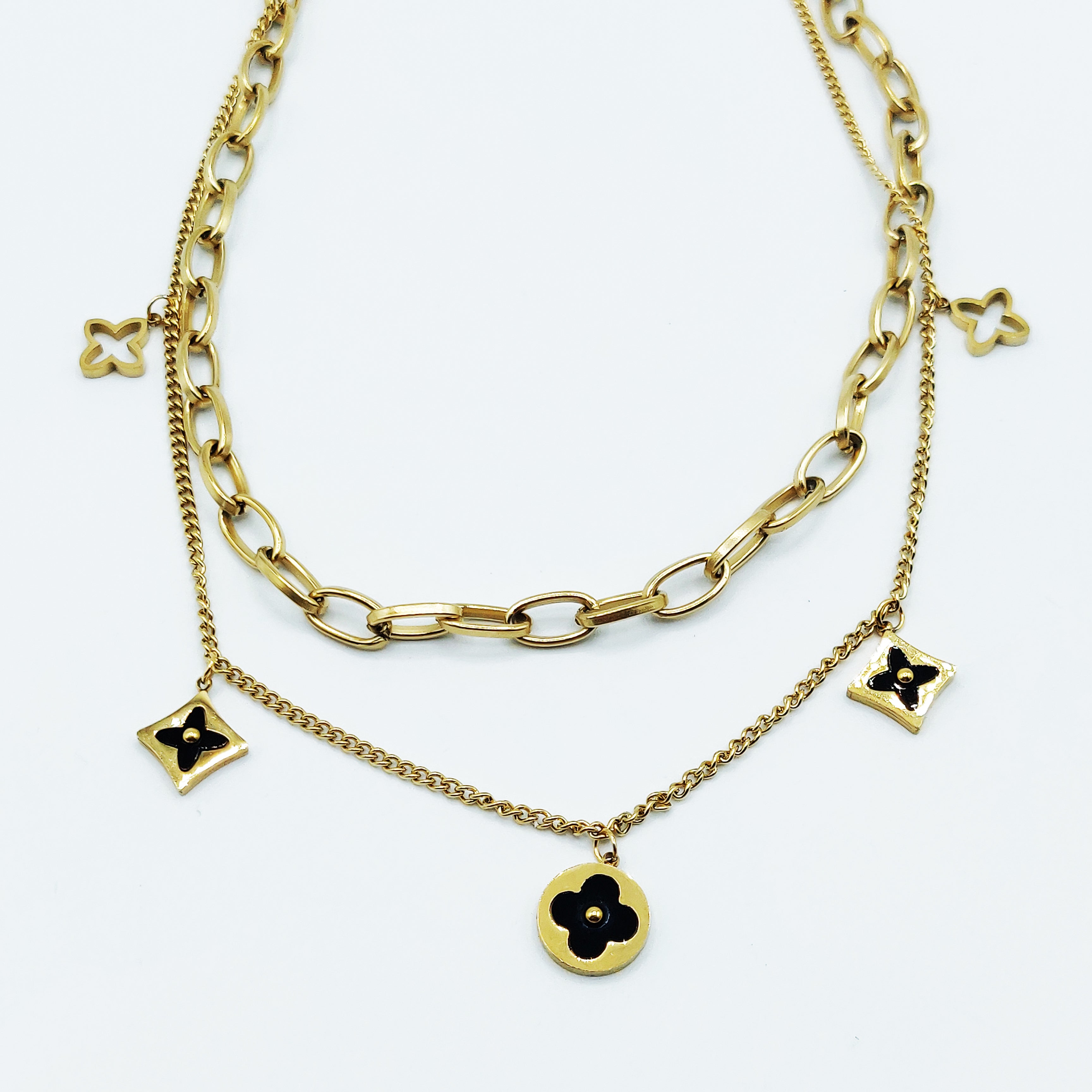 Collier Double Trèfles et Étoiles Noir