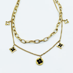 Collier Double Trèfles et Étoiles Noir