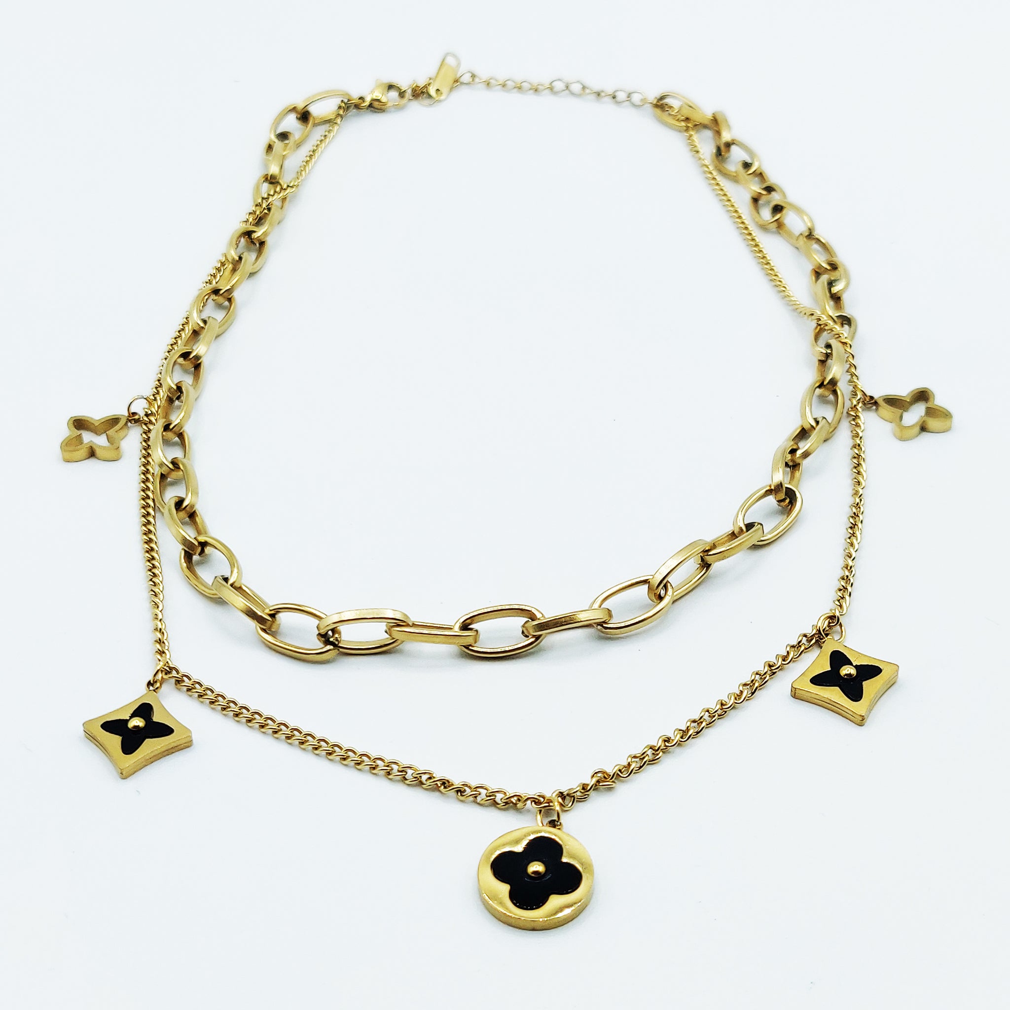 Collier Double Trèfles et Étoiles Noir