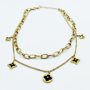 Collier Double Trèfles et Étoiles Noir