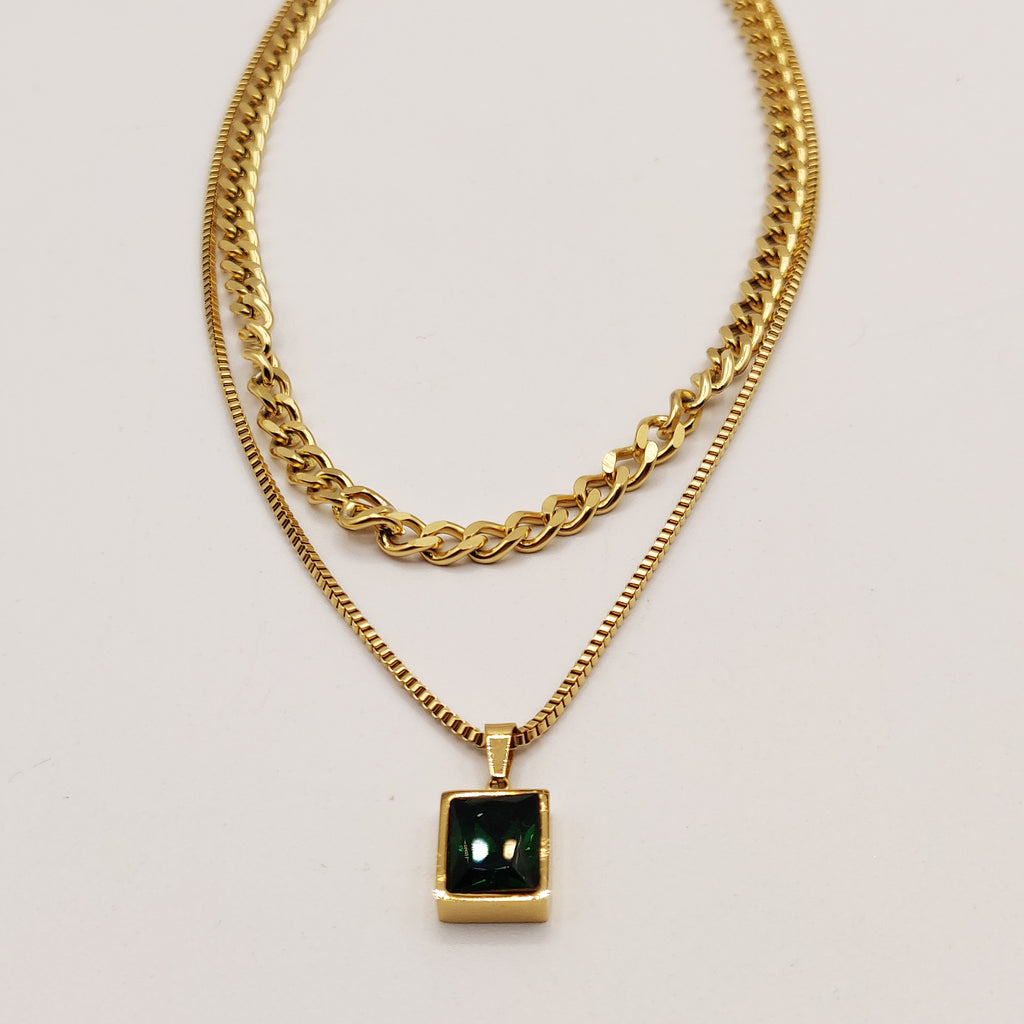 Collier Double Tresse Cristal Vert Émeraude Luxe
