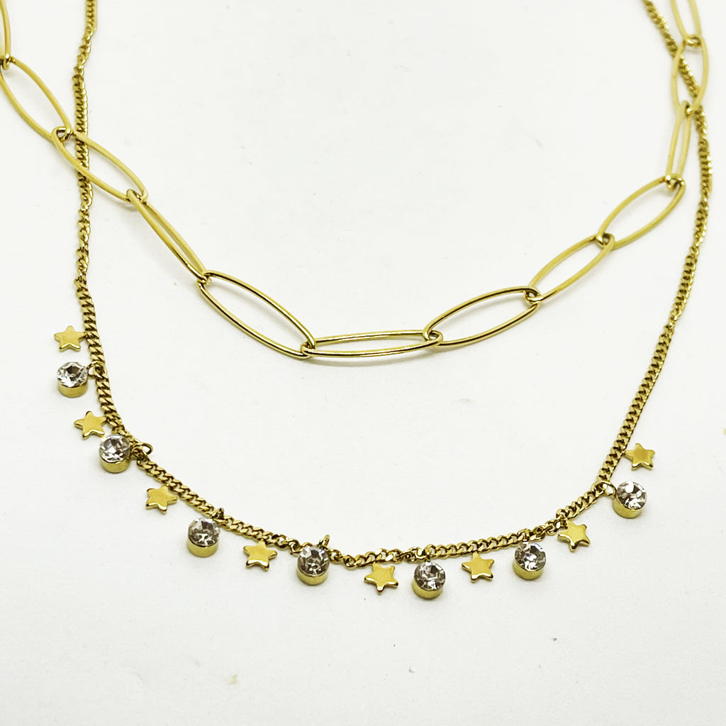 Collier Double Tresse Étoiles et Cristaux