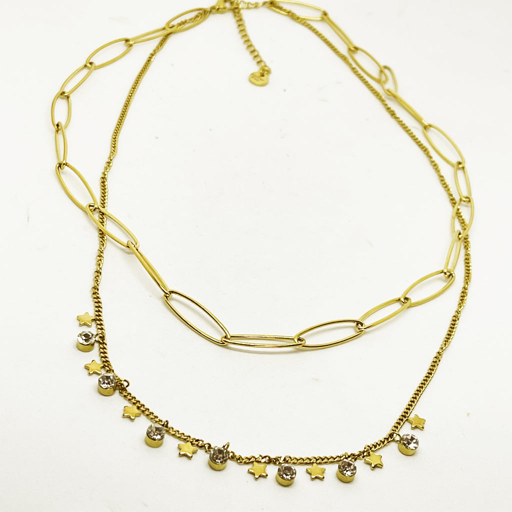Collier Double Tresse Étoiles et Cristaux