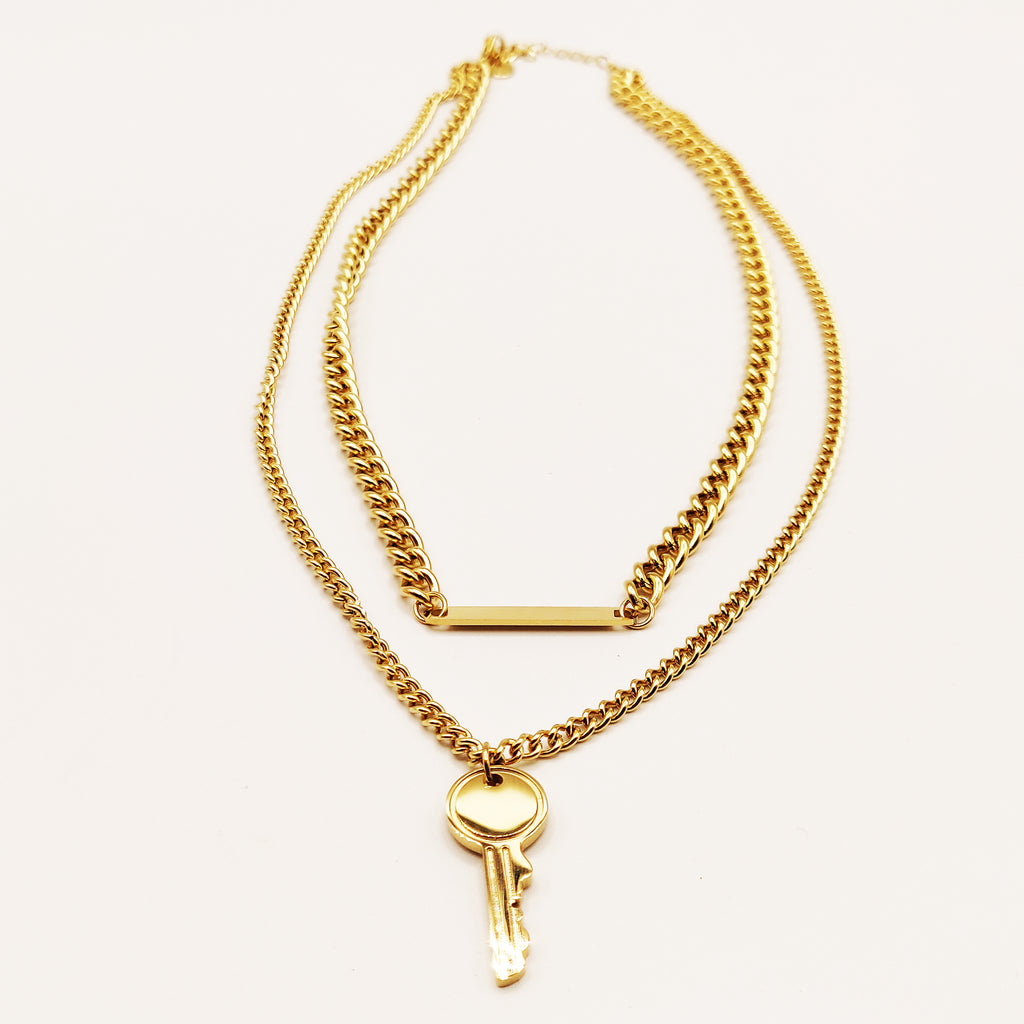 Collier Double Tresse Plaque et Clé Luxe