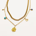 Collier Double Tresse Trèfle et Pendentifs