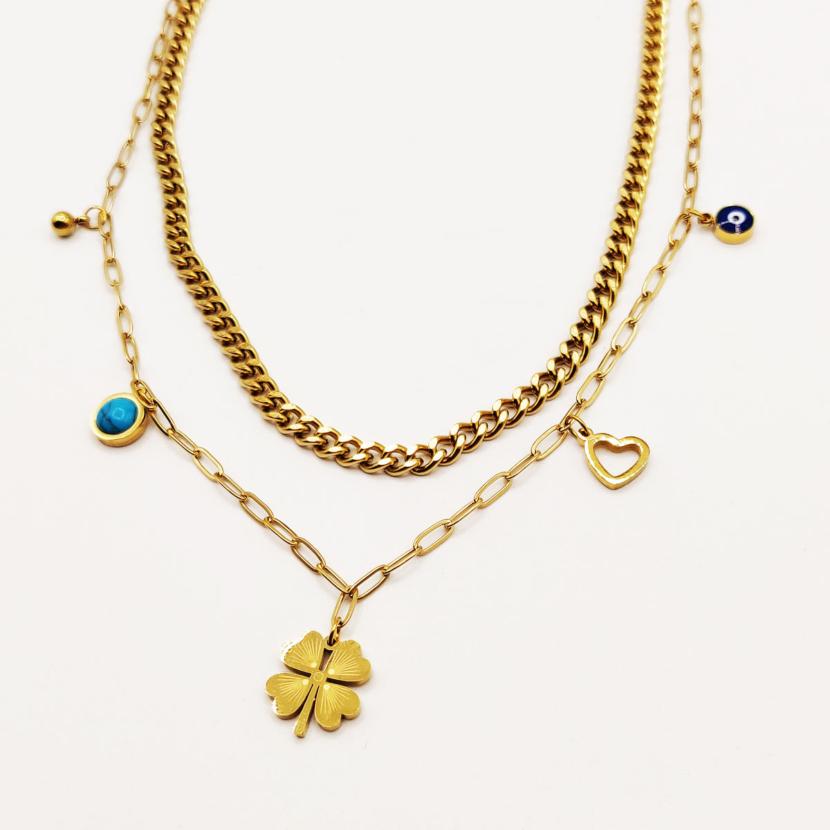 Collier Double Tresse Trèfle et Pendentifs