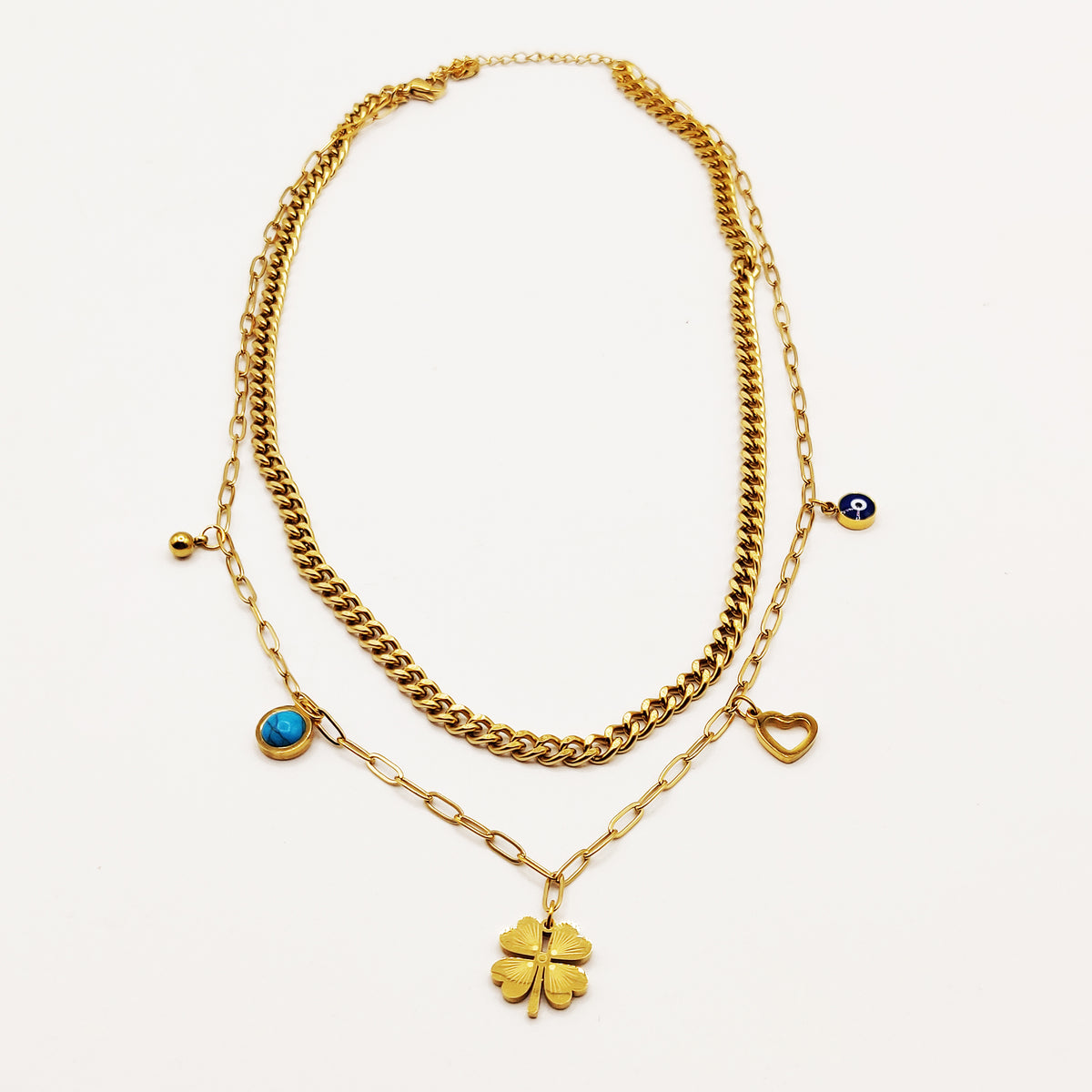 Collier Double Tresse Trèfle et Pendentifs