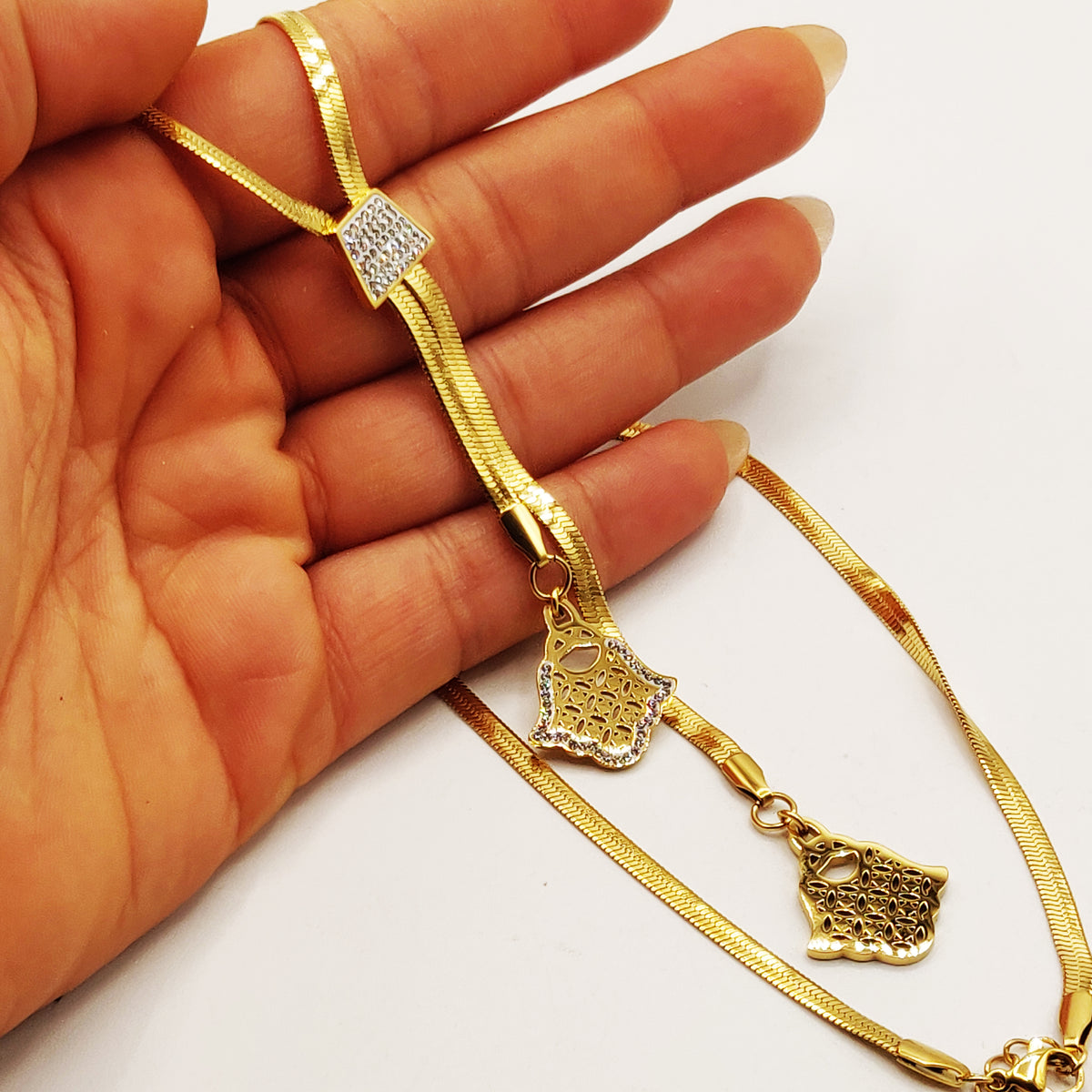 Collier Maille Double Pendentifs Mains de Fatma Luxe