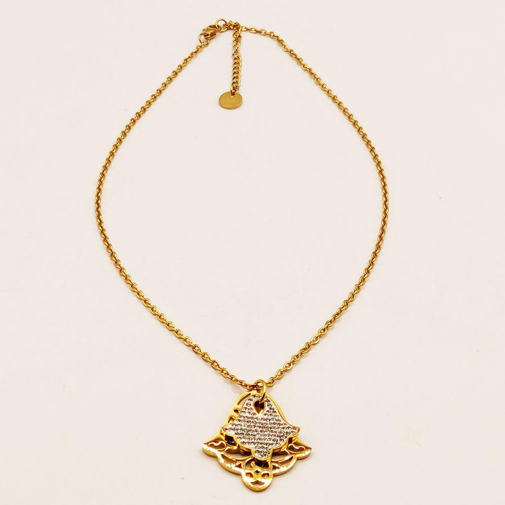 Collier Maillons Pendentif Double Main de Fatma Cristaux Luxe