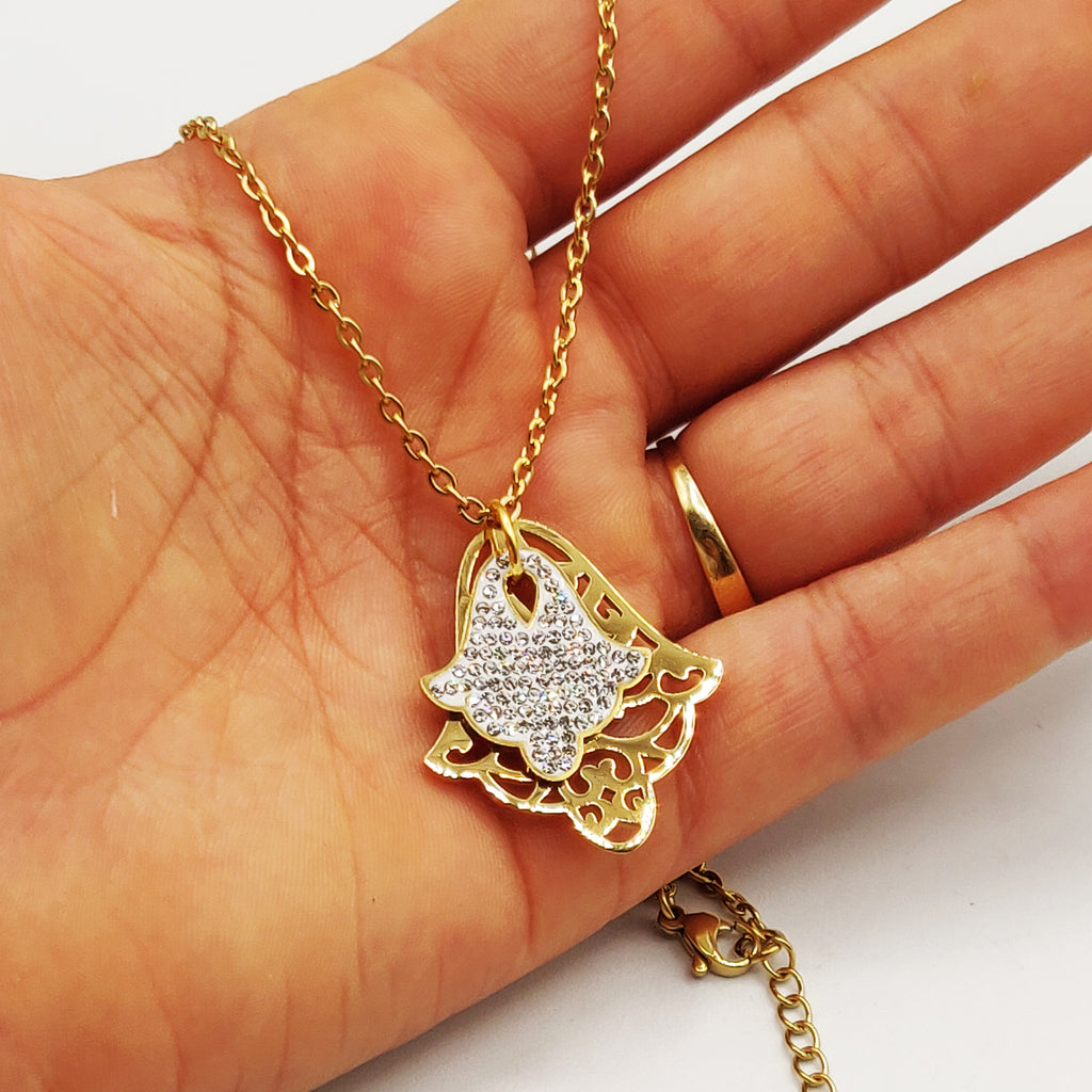 Collier Maillons Pendentif Double Main de Fatma Cristaux Luxe