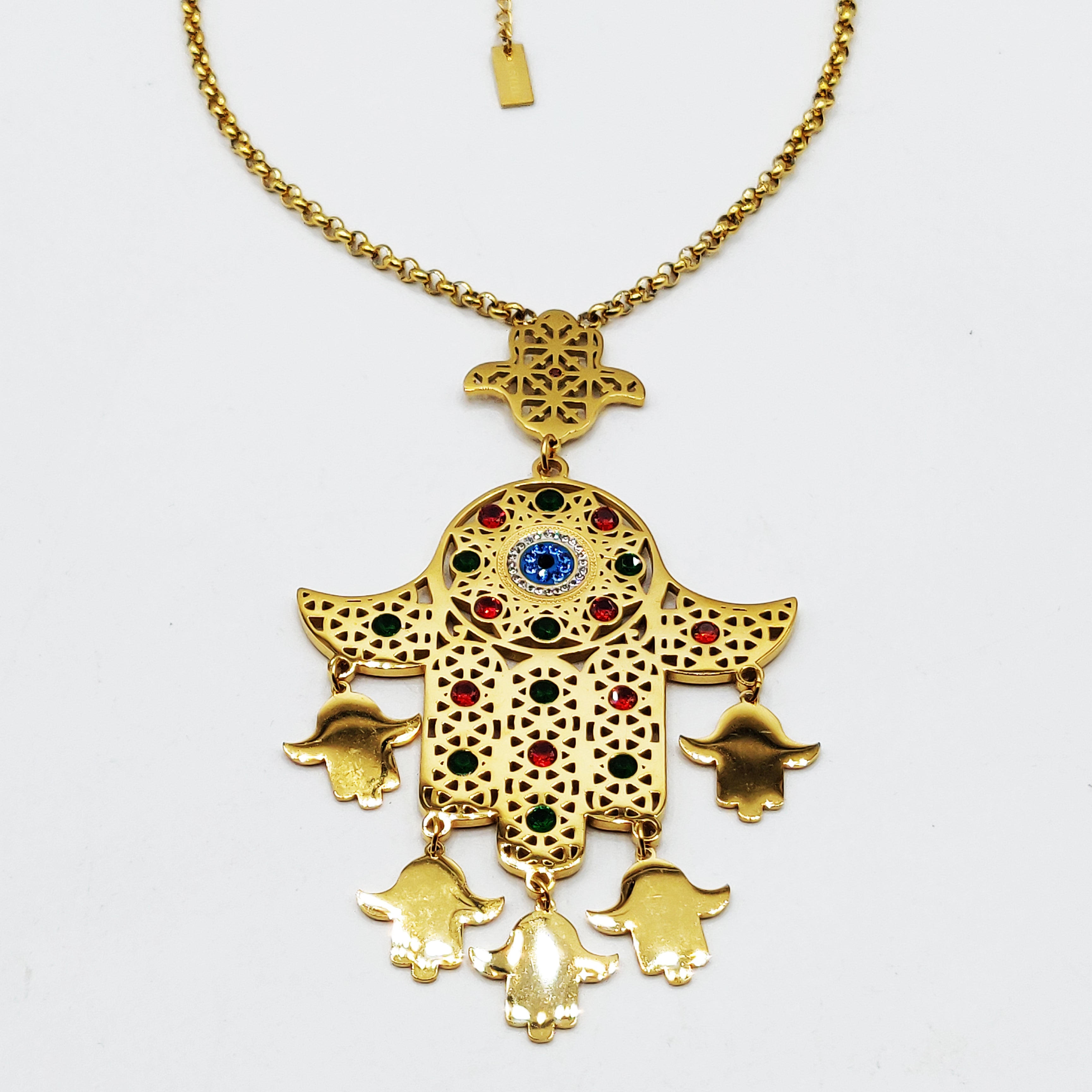 Collier Maillons Grande Main de Fatma Oeil Bleu Pendentifs Mains de Fatma Luxe