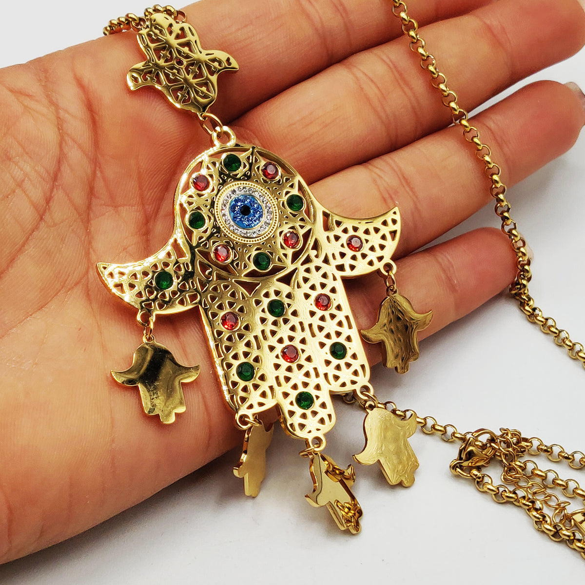 Collier Maillons Grande Main de Fatma Oeil Bleu Pendentifs Mains de Fatma Luxe