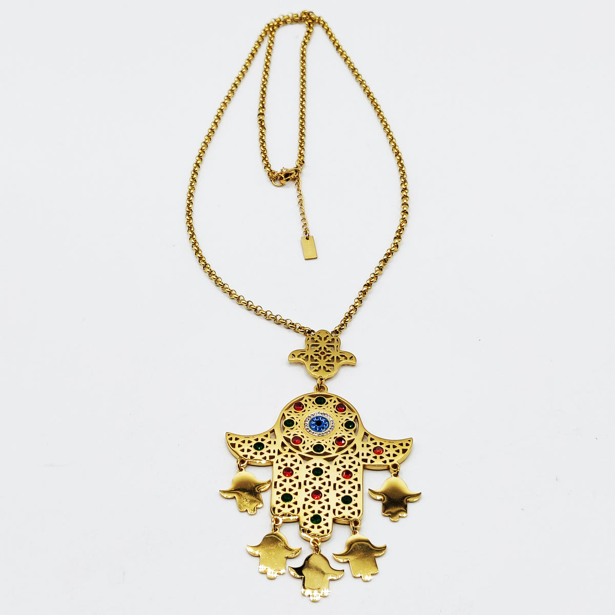 Collier Maillons Grande Main de Fatma Oeil Bleu Pendentifs Mains de Fatma Luxe