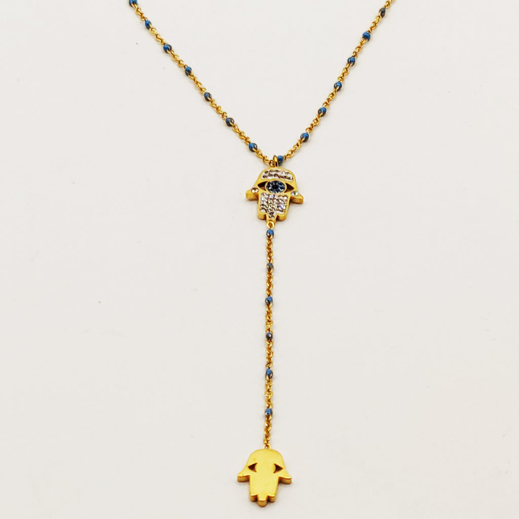 Collier Main de Fatma Descendante Perles Bleues Luxe