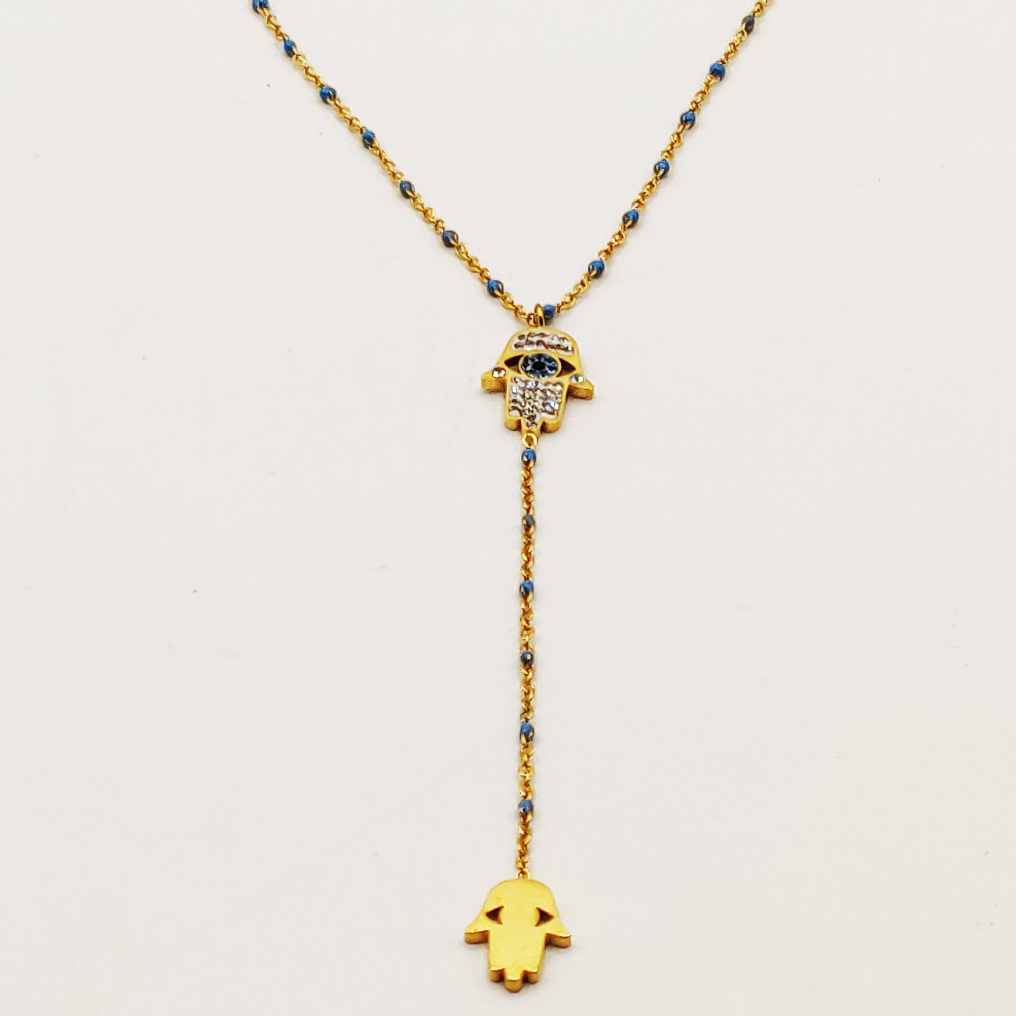Collier Main de Fatma Descendante Perles Bleues Luxe