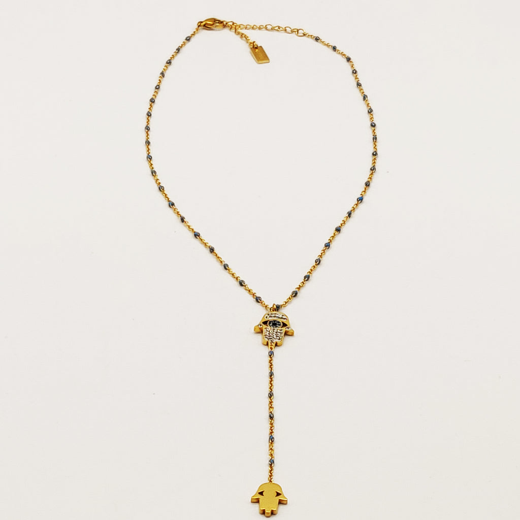 Collier Main de Fatma Descendante Perles Bleues Luxe