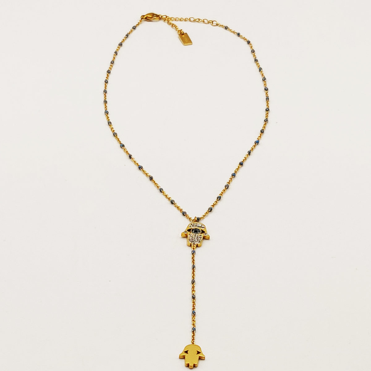 Collier Main de Fatma Descendante Perles Bleues Luxe