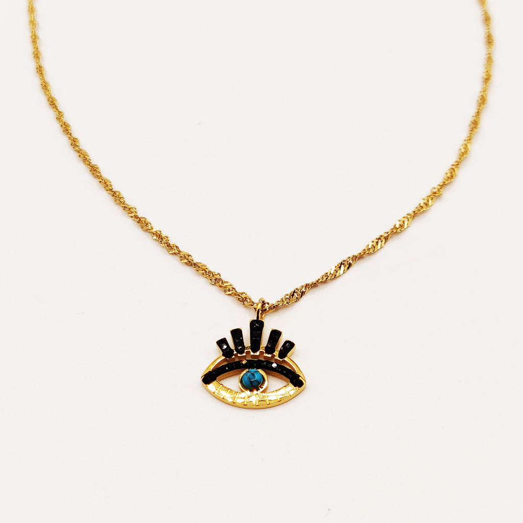 Collier Oeil Cristaux Noirs et Perle Bleue