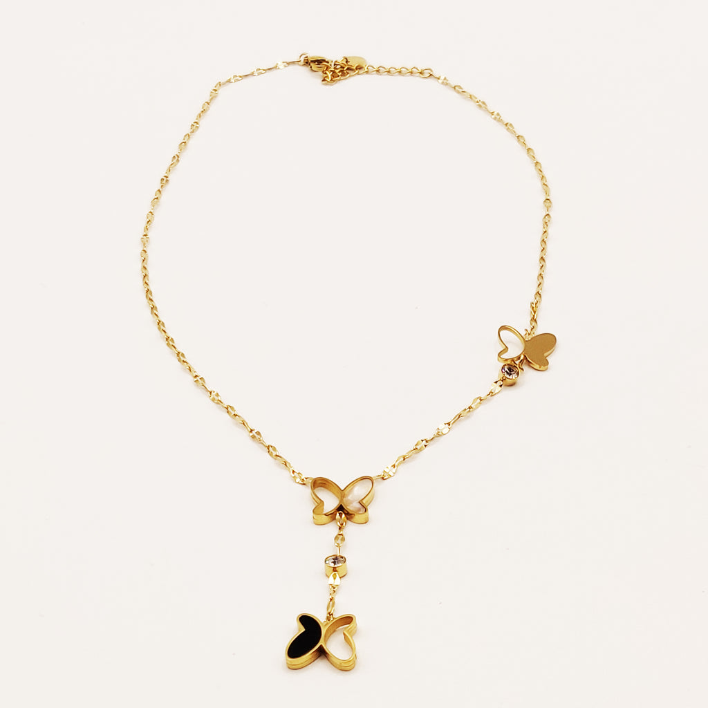 Collier Papillons Noir, Blanc Nacré et Doré