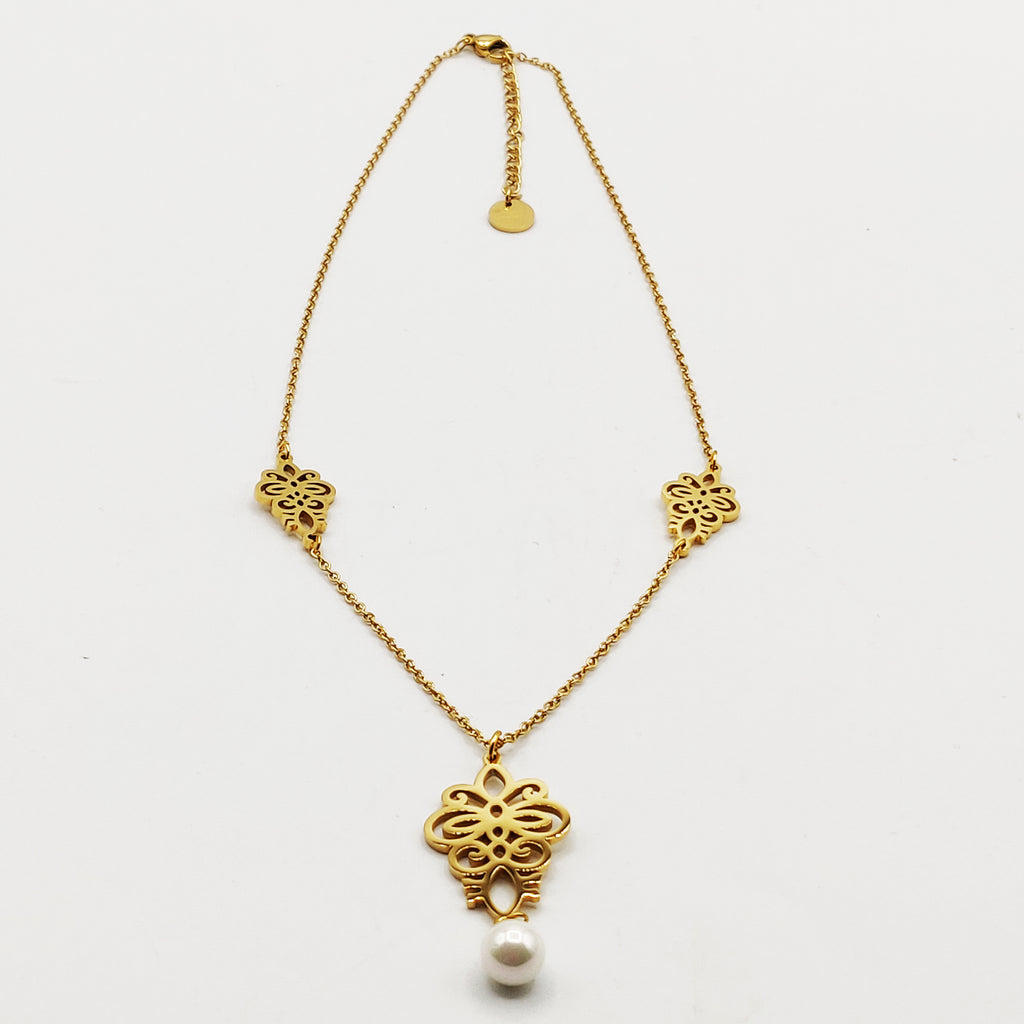 Collier Pendentifs Fleurs Orientales et Perle Blanche Luxe