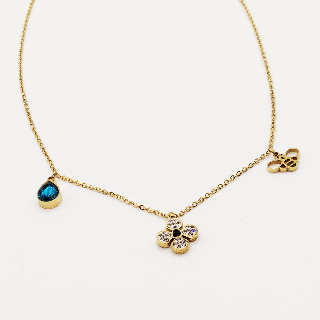 Collier Pendentifs Trèfle Cristaux, Abeille et Goutte Bleue