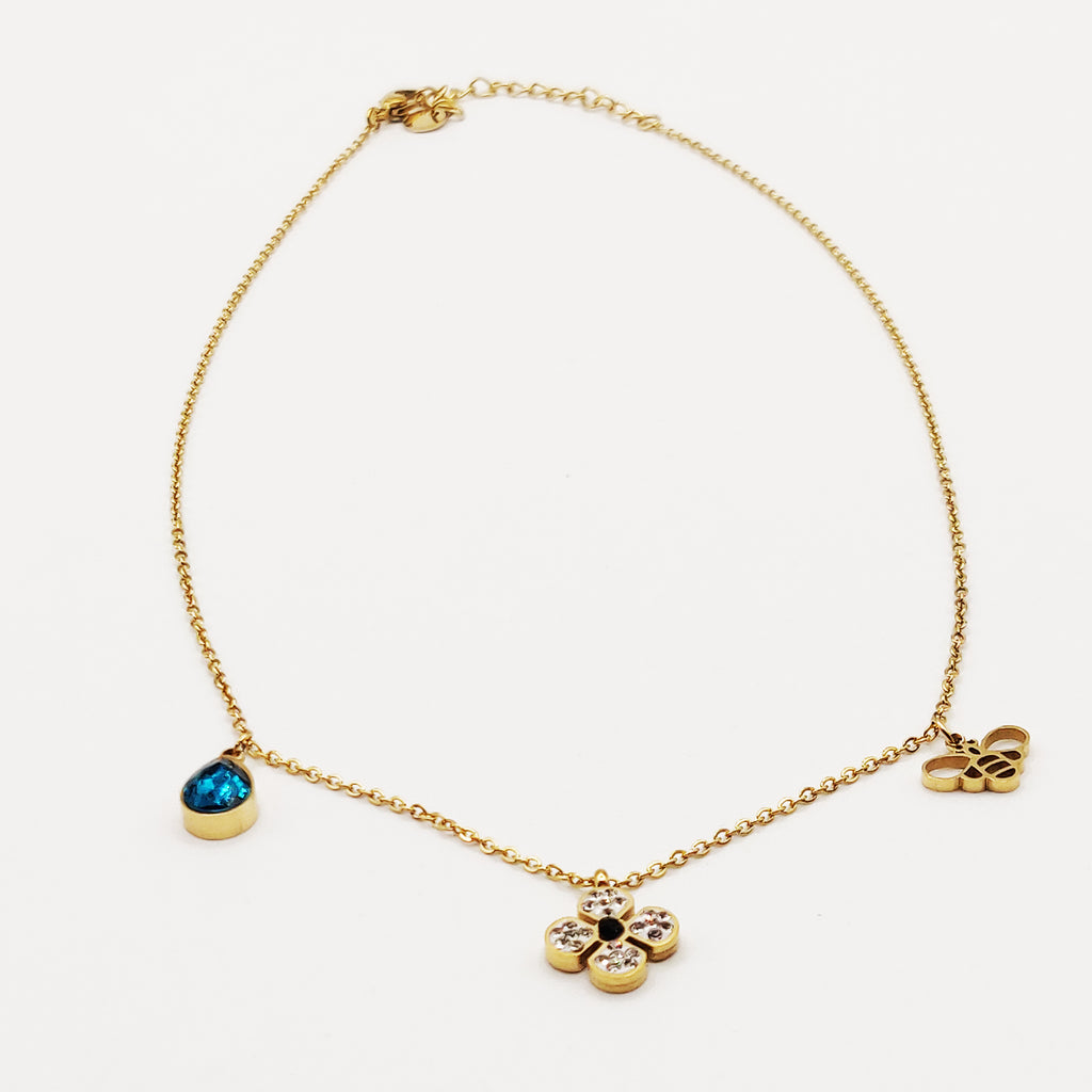 Collier Pendentifs Trèfle Cristaux, Abeille et Goutte Bleue