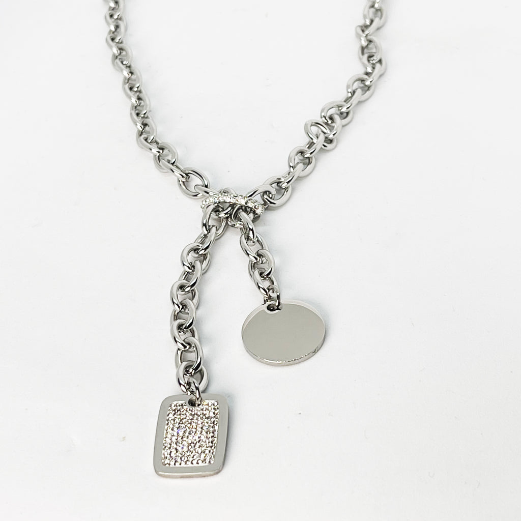 Collier Rectangle Cristaux Chaîne Épaisse Argenté