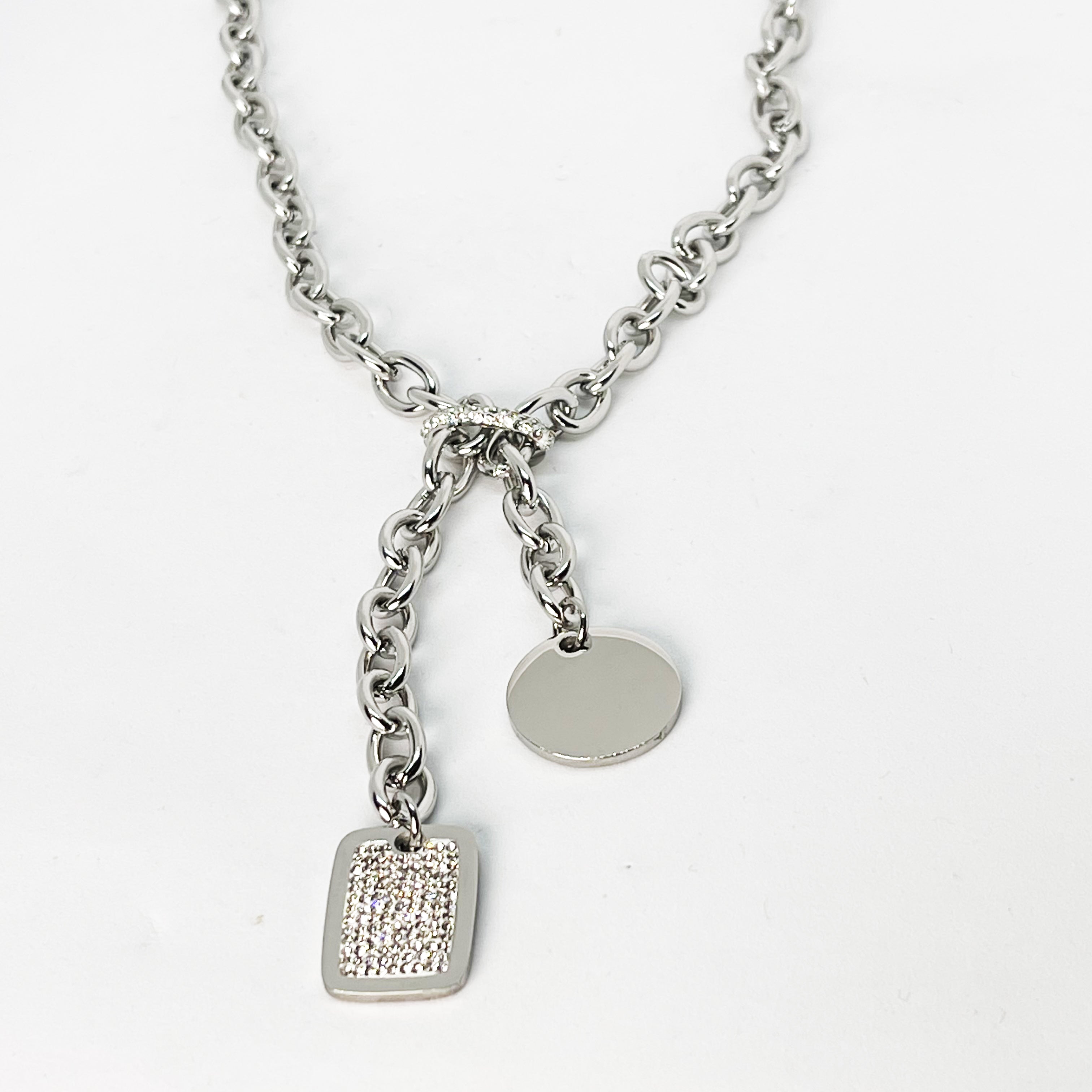 Collier Rectangle Cristaux Chaîne Épaisse Argenté