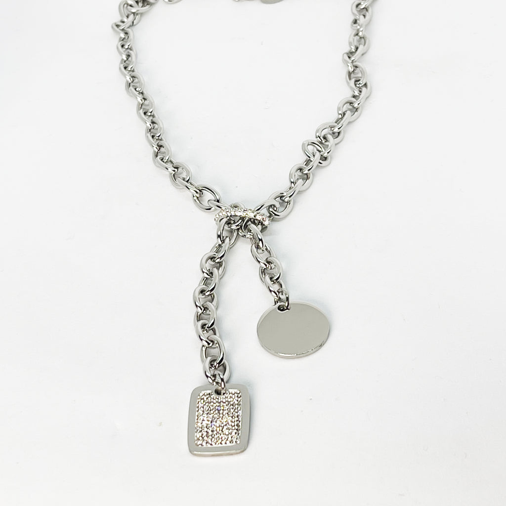Collier Rectangle Cristaux Chaîne Épaisse Argenté